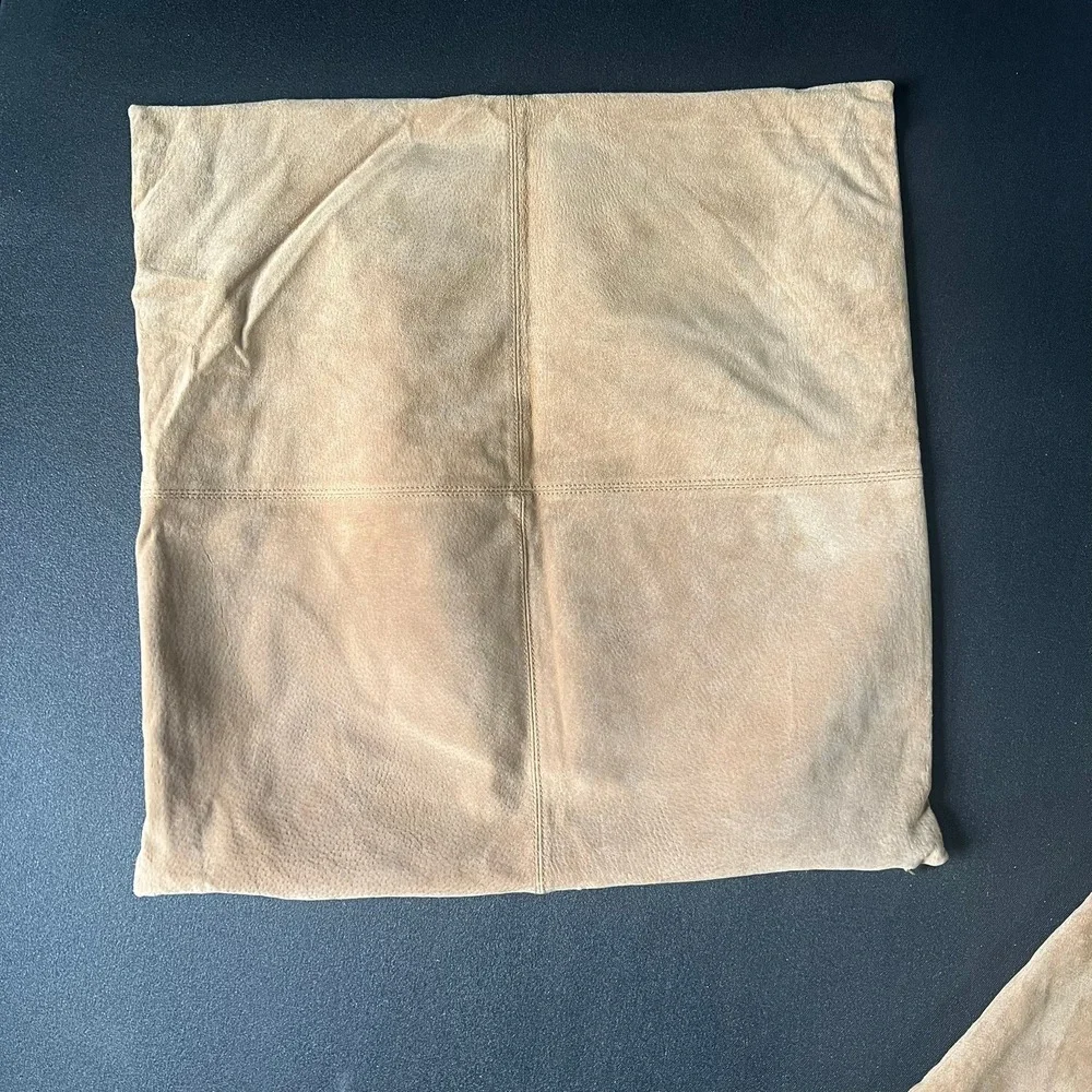 Set of 2 Tan Genuine Suede Leather Square Pillow Covers Four Panel Stitched 19in